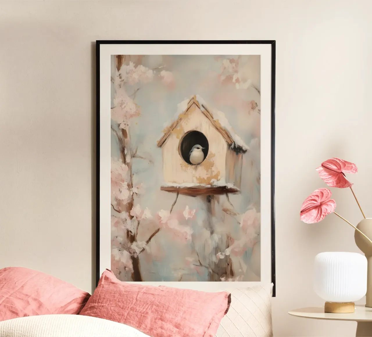 Casetta per uccelli con rami in fiore poster da Melloi Art Print