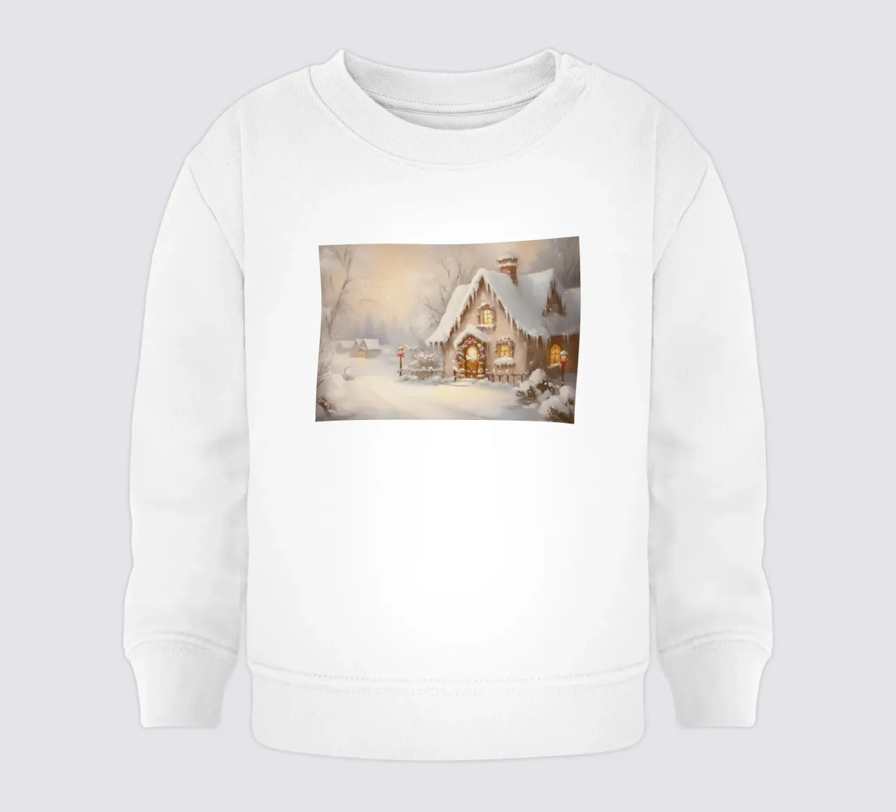 Accogliente cottage per le vacanze coperto di neve felpa neonato da Melloi Art Print