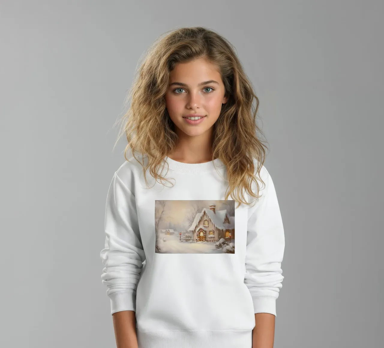 Cozy Snow-Covered Holiday Cottage kids sweatshirt by Melloi Art Print