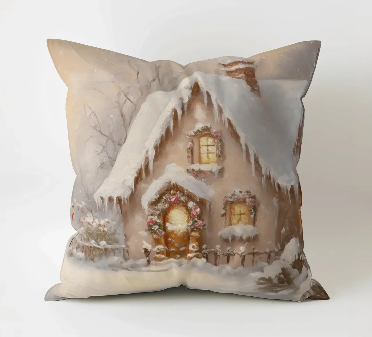 Accogliente cottage per le vacanze coperto di neve cuscino da Melloi Art Print