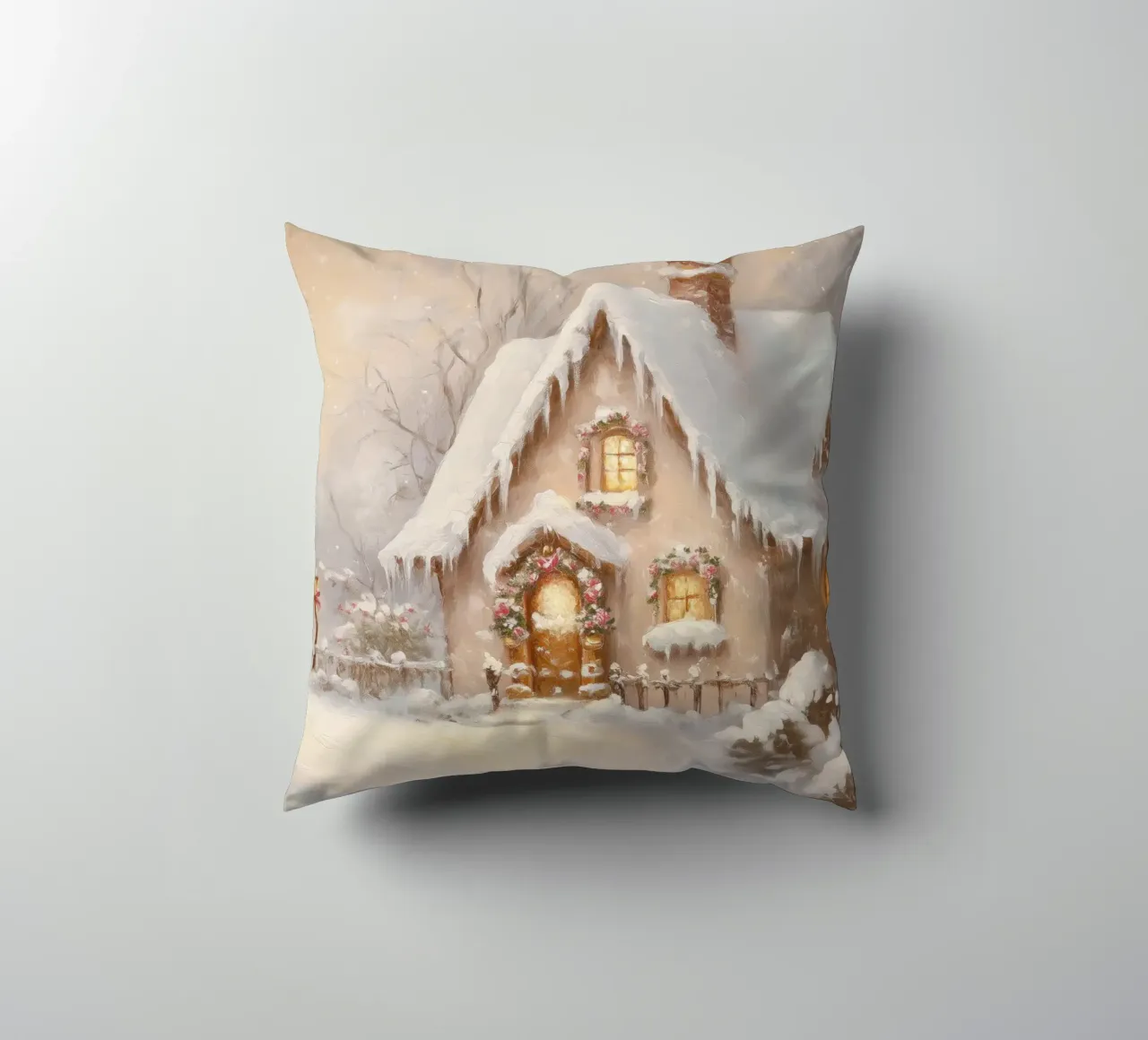 Accogliente cottage per le vacanze coperto di neve cuscino da Melloi Art Print