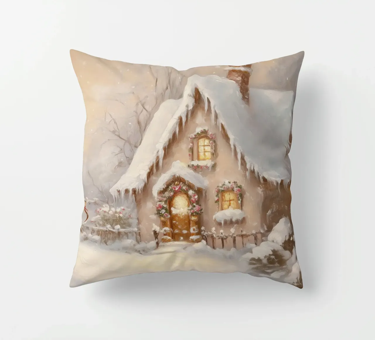 Accogliente cottage per le vacanze coperto di neve cuscino da Melloi Art Print
