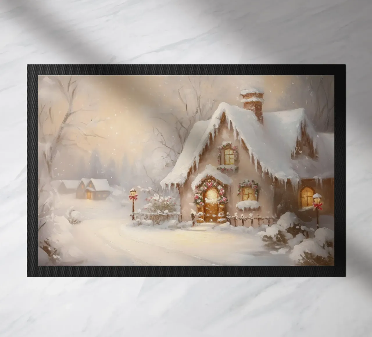 Accogliente cottage per le vacanze coperto di neve zerbino da Melloi Art Print