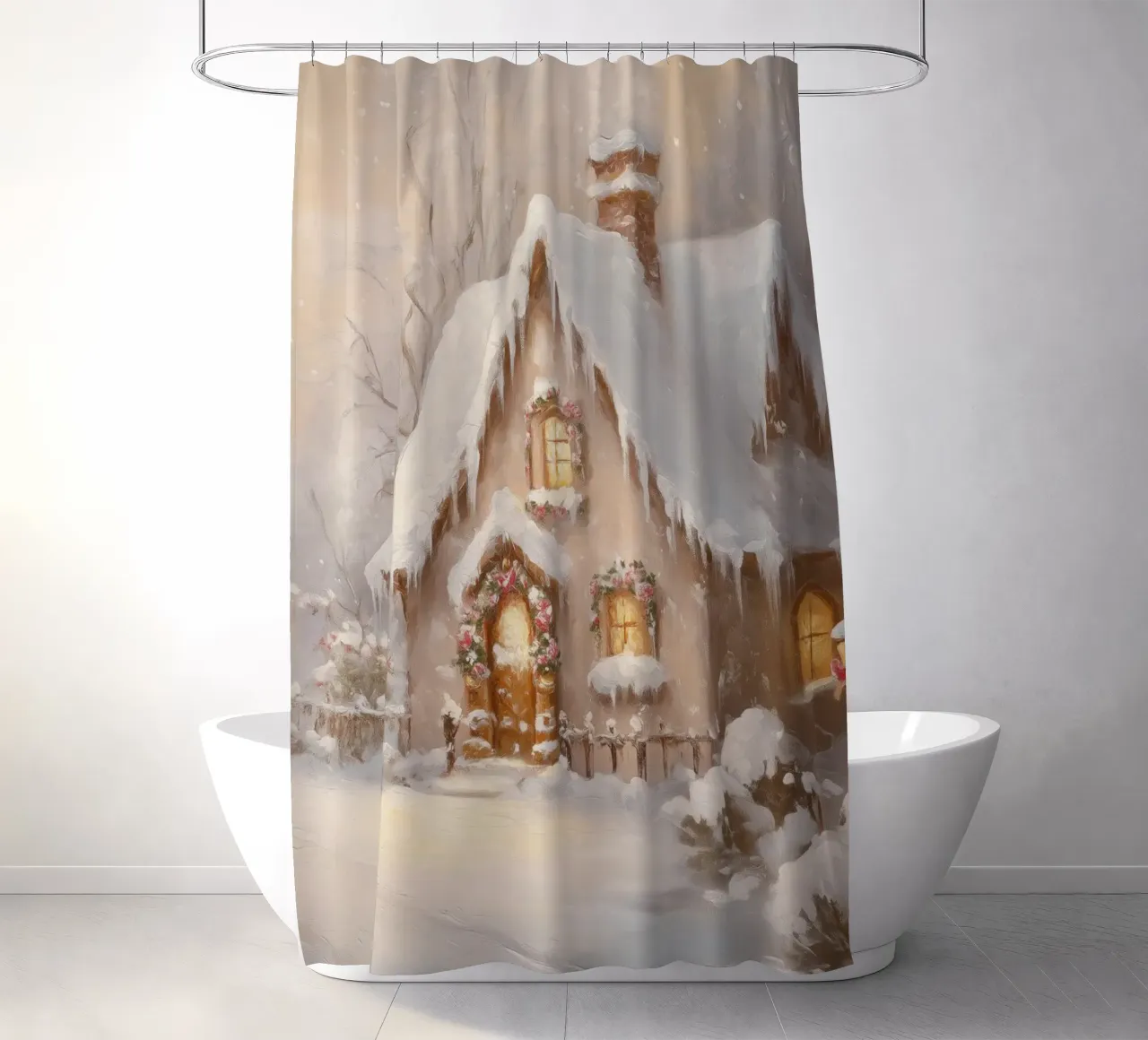 Cozy Snow-Covered Holiday Cottage shower curtain by Melloi Art Print