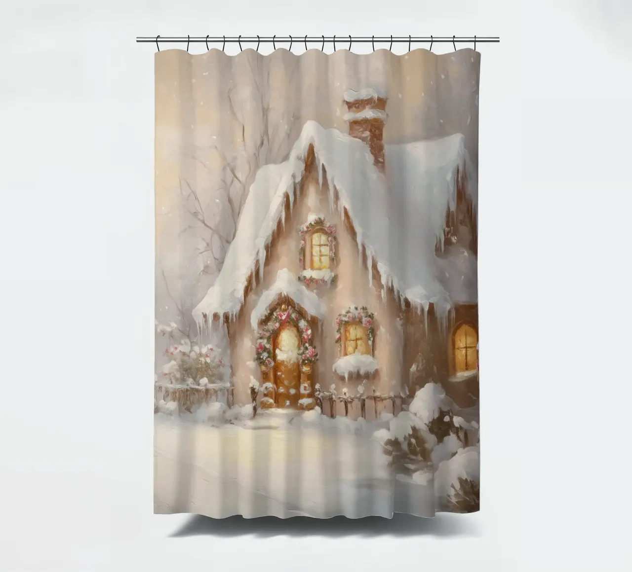 Cozy Snow-Covered Holiday Cottage shower curtain by Melloi Art Print