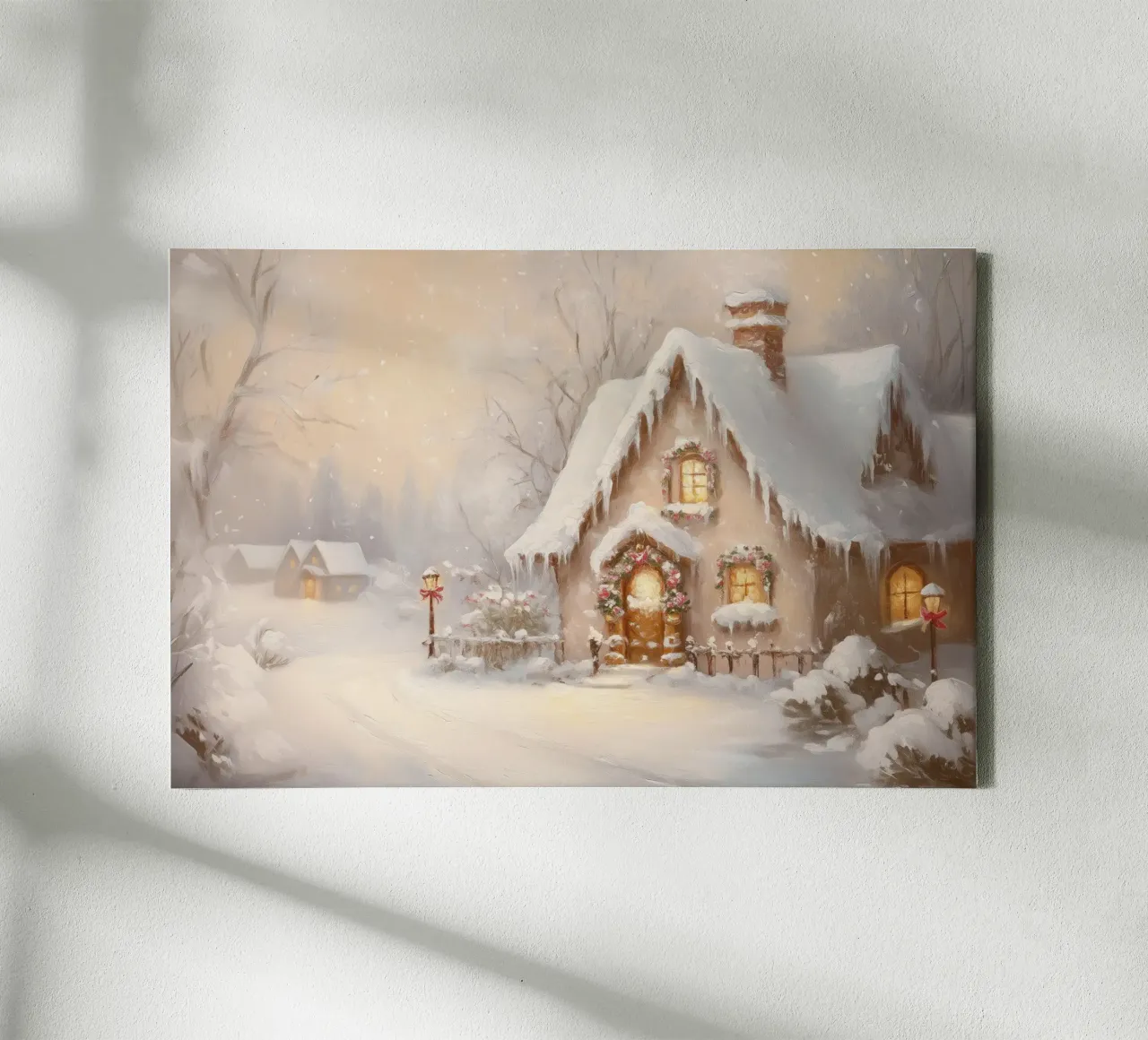 Cozy Snow-Covered Holiday Cottage canvas by Melloi Art Print