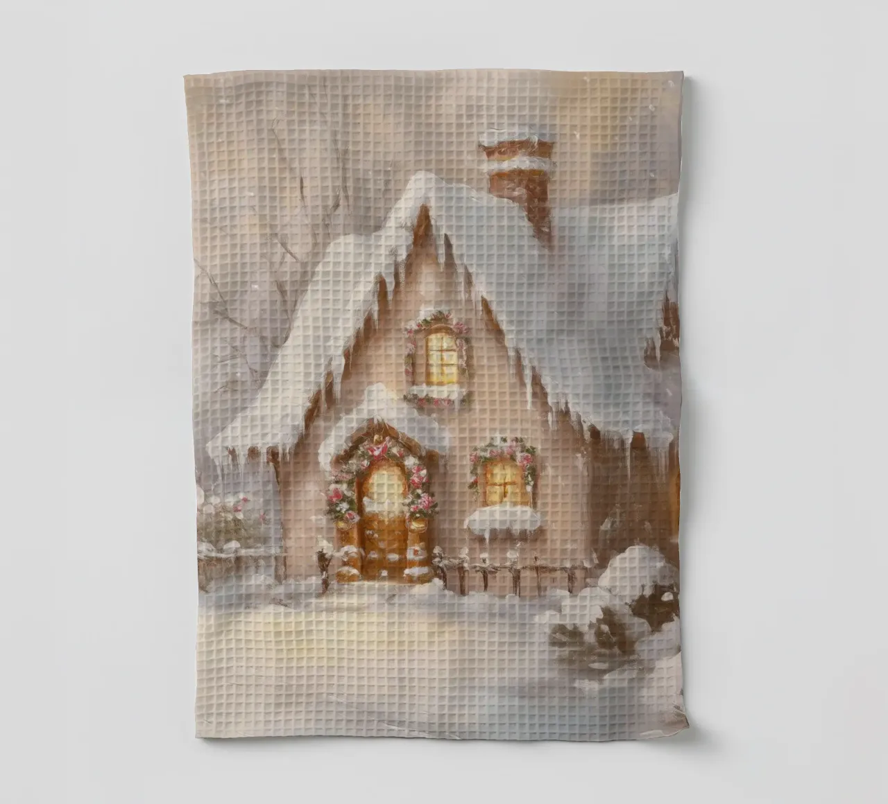 Accogliente cottage per le vacanze coperto di neve canovaccio da cucina da Melloi Art Print