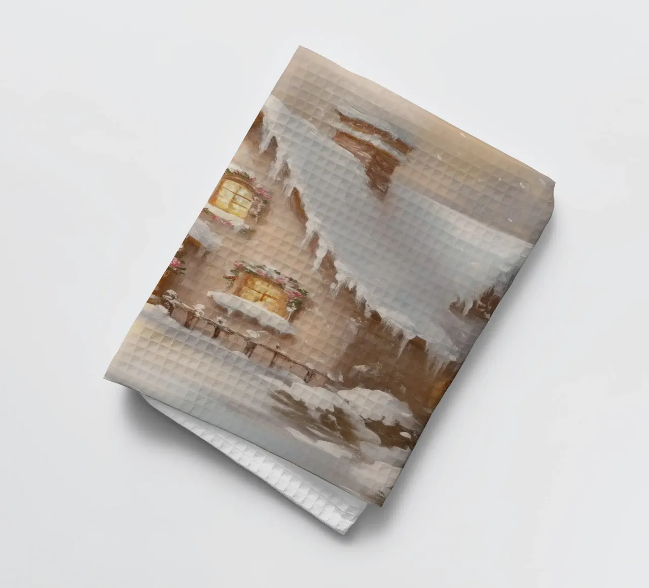 Accogliente cottage per le vacanze coperto di neve canovaccio da cucina da Melloi Art Print