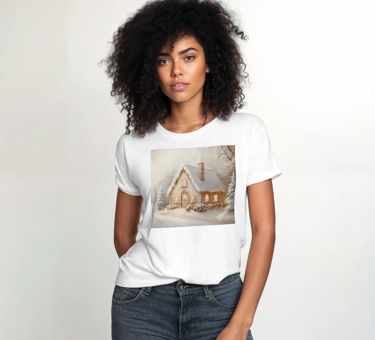 Snow-Covered Holiday Cottage women's fitted t-shirt by Melloi Art Print