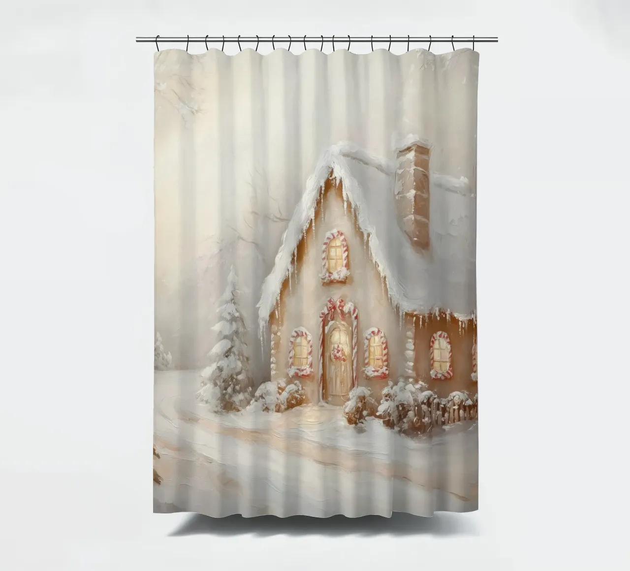 Snow-Covered Holiday Cottage shower curtain by Melloi Art Print