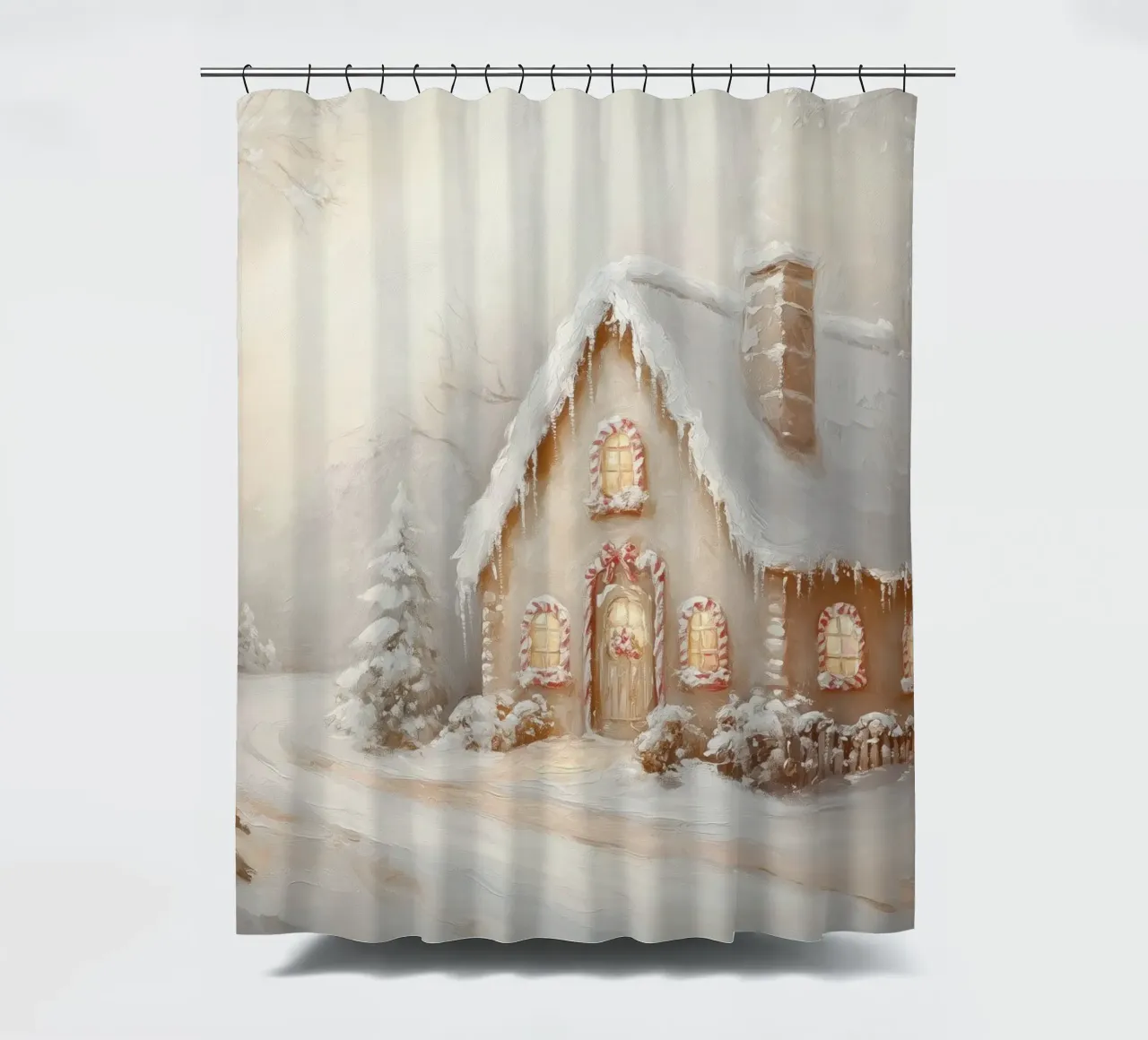 Snow-Covered Holiday Cottage shower curtain by Melloi Art Print