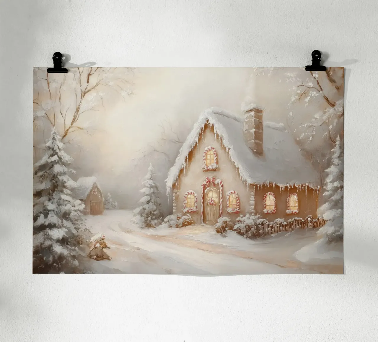Snow-Covered Holiday Cottage hahnemühle by Melloi Art Print