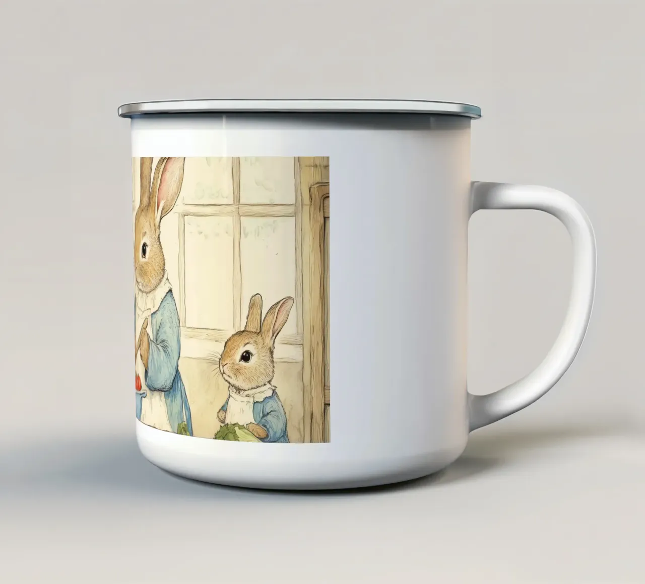 La famiglia Rabbit cucina in una cucina accogliente tazza in smalto da Melloi Art Print
