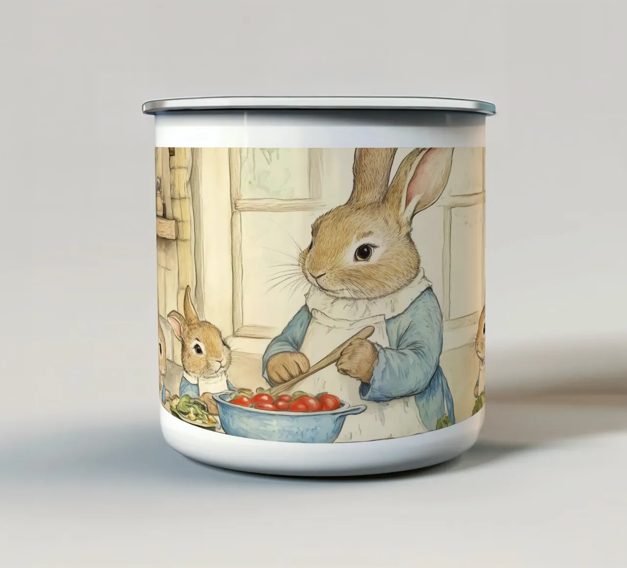 La famiglia Rabbit cucina in una cucina accogliente tazza in smalto da Melloi Art Print