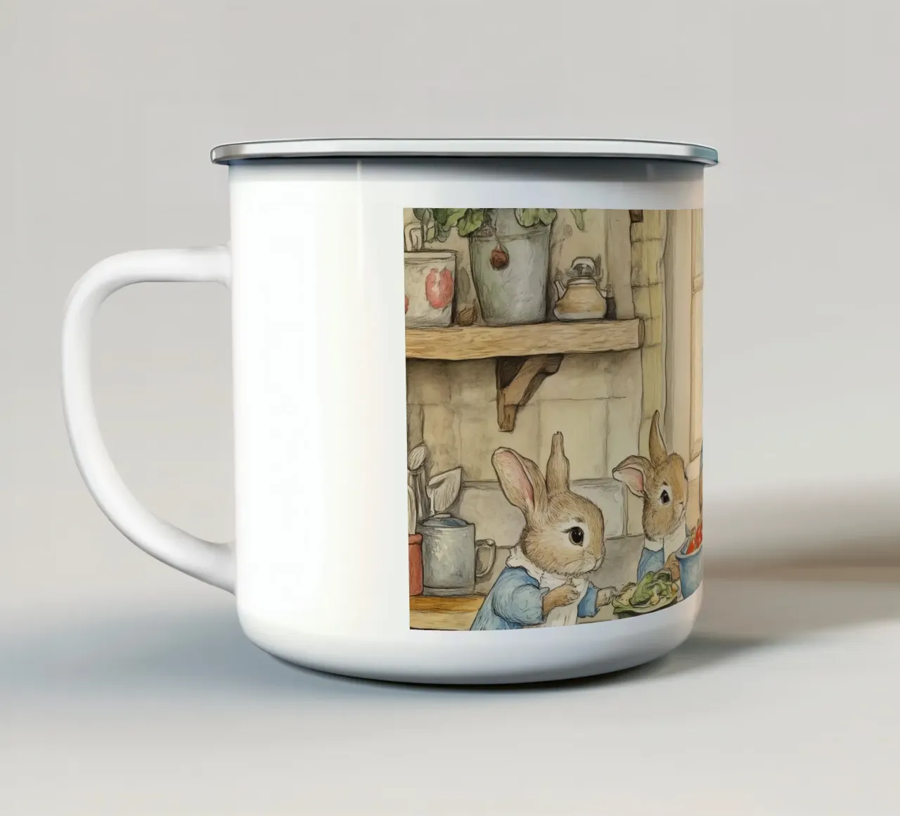 La famiglia Rabbit cucina in una cucina accogliente tazza in smalto da Melloi Art Print