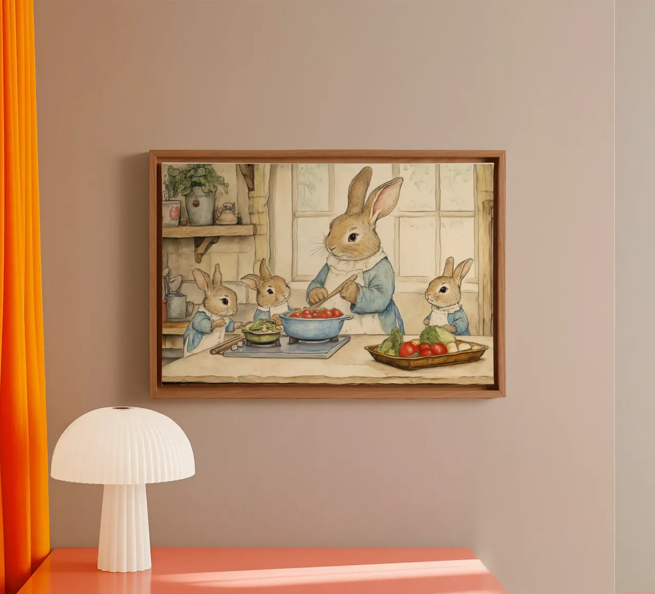 La famiglia Rabbit cucina in una cucina accogliente tela con Cornice a cassetta da Melloi Art Print
