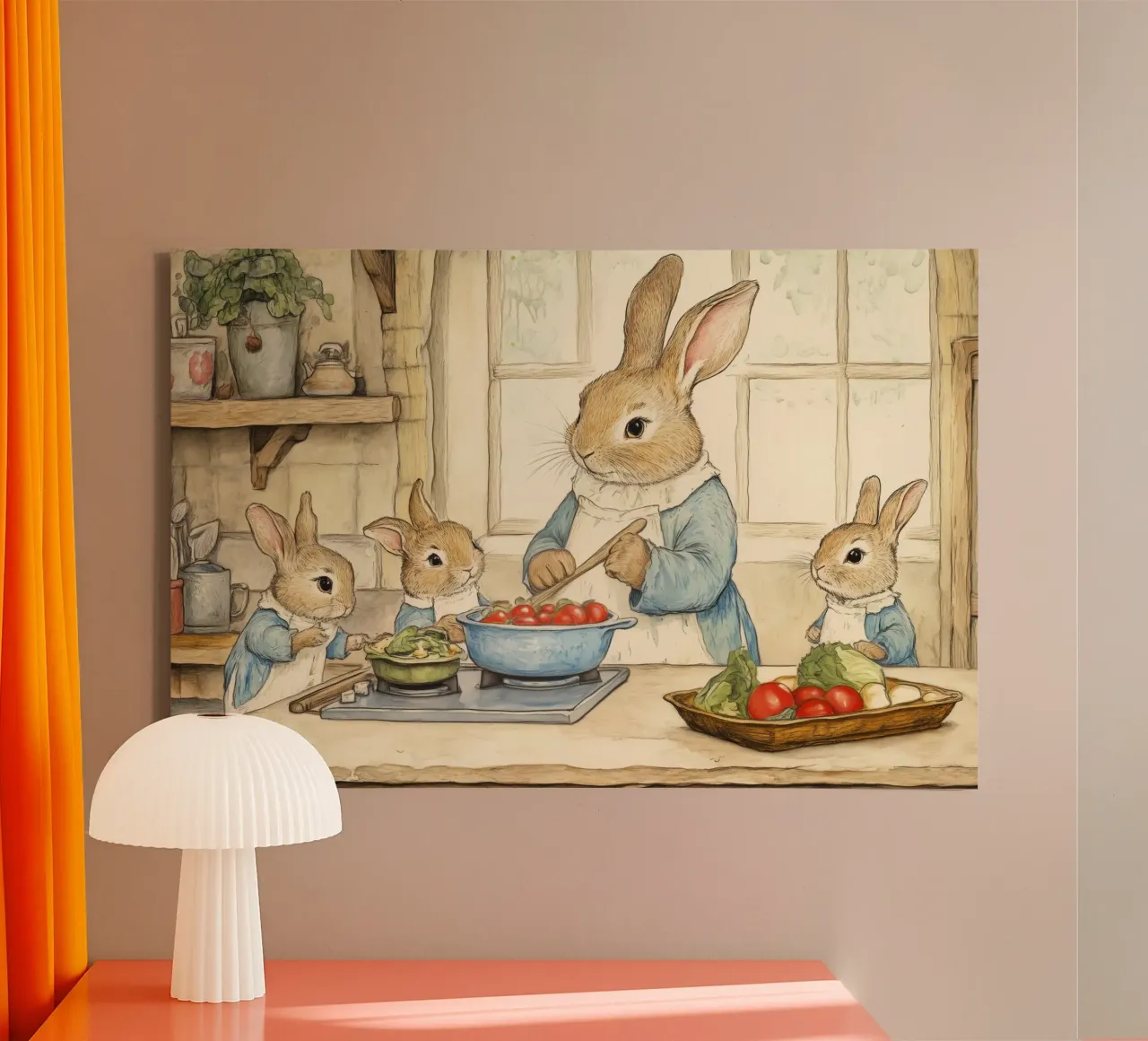 La famiglia Rabbit cucina in una cucina accogliente tela con Cornice a cassetta da Melloi Art Print