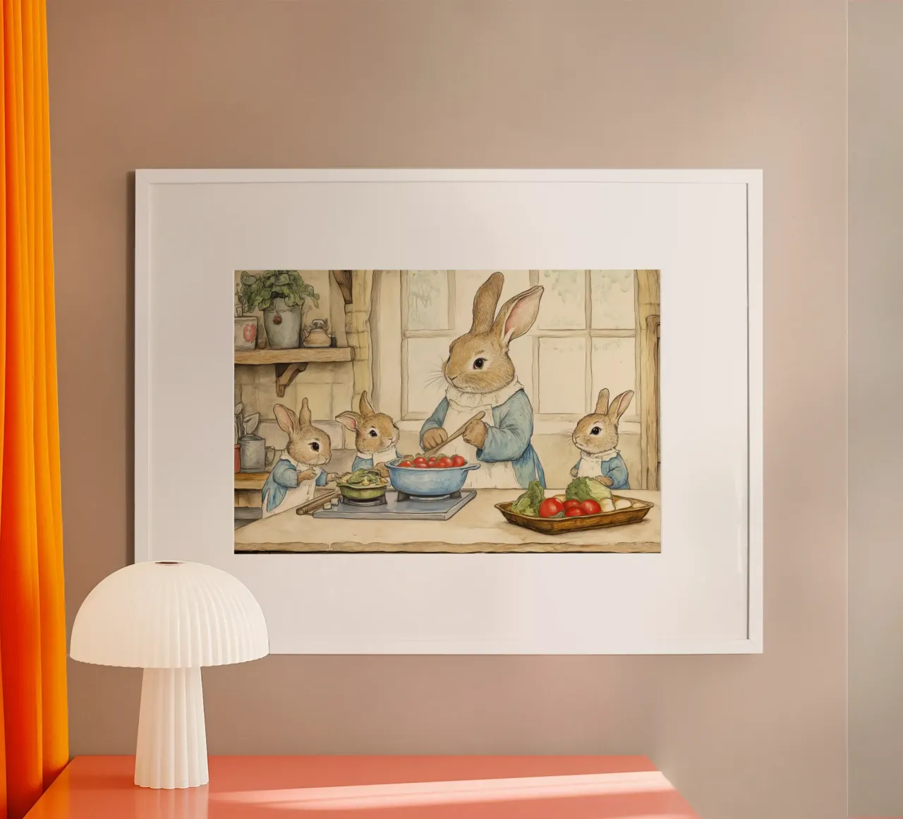 La famiglia Rabbit cucina in una cucina accogliente poster da Melloi Art Print