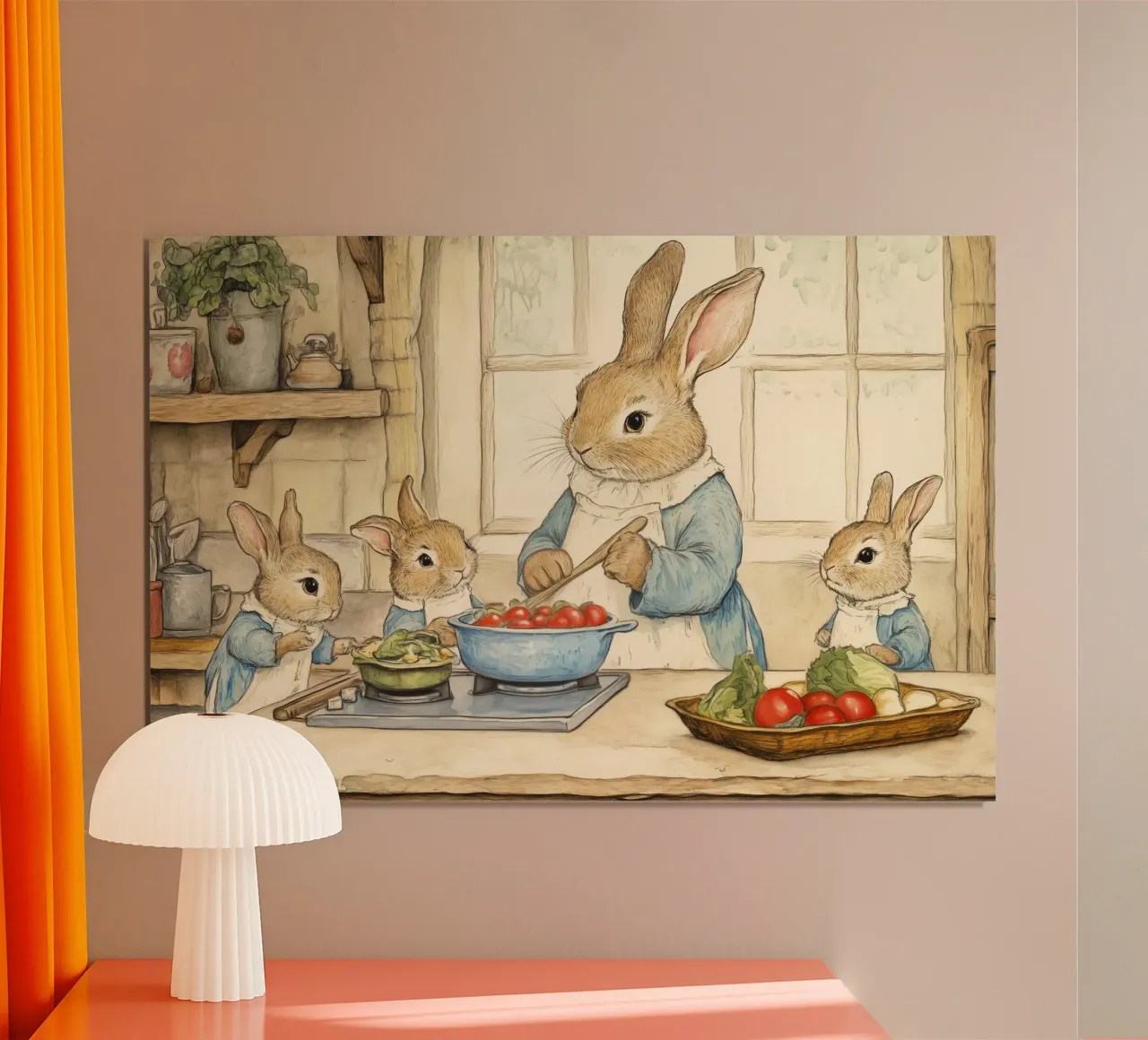 La famiglia Rabbit cucina in una cucina accogliente poster da Melloi Art Print