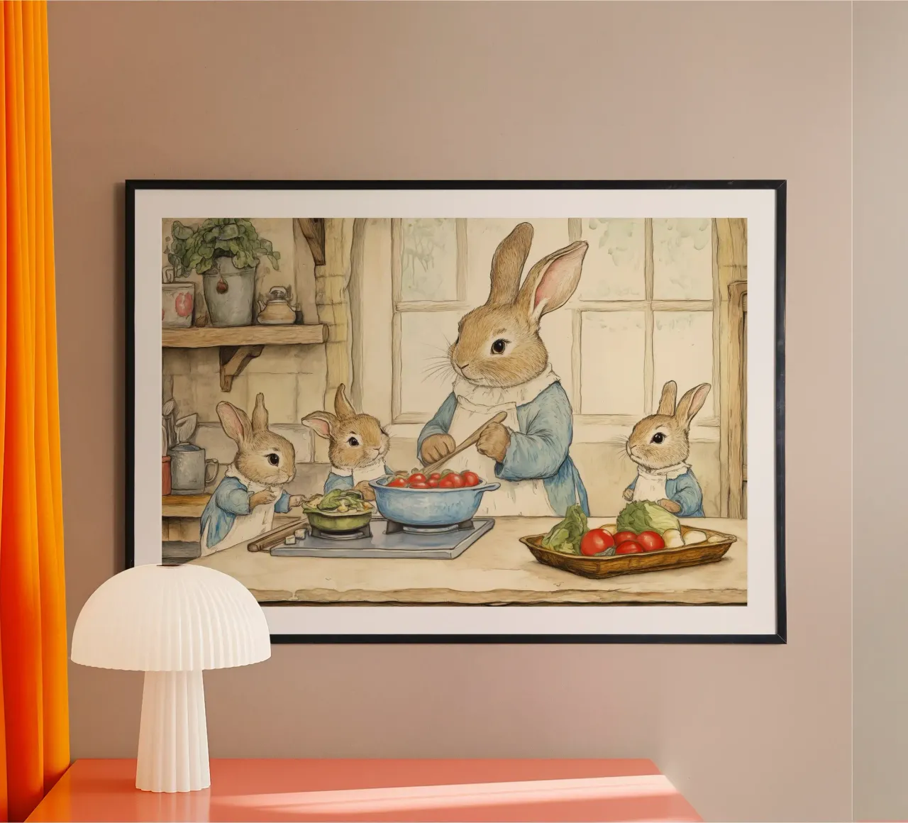 La famiglia Rabbit cucina in una cucina accogliente poster da Melloi Art Print