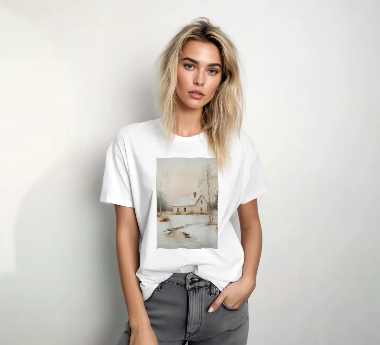 Casa coperta di neve in un paesaggio invernale t-shirt da Melloi Art Print