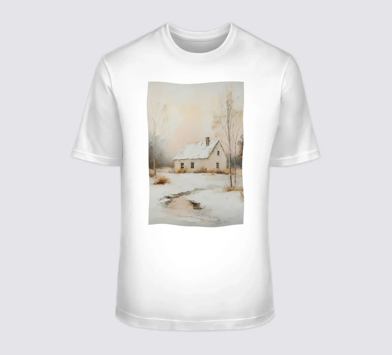 Casa coperta di neve in un paesaggio invernale t-shirt da Melloi Art Print