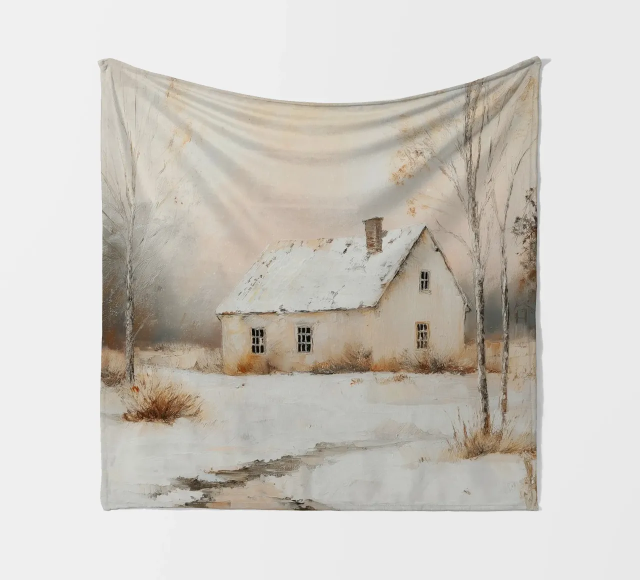 Casa coperta di neve in un paesaggio invernale coperta in pile da Melloi Art Print