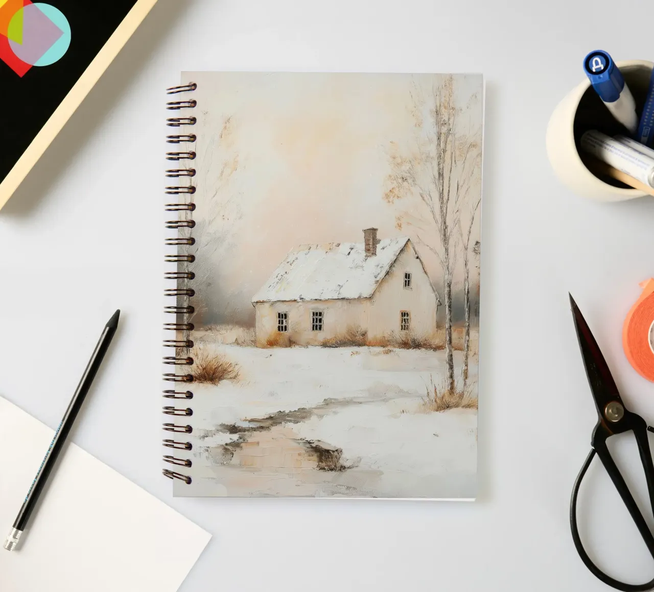 Schneebedecktes Haus in Winterlandschaft Ringbuch von Melloi Art Print