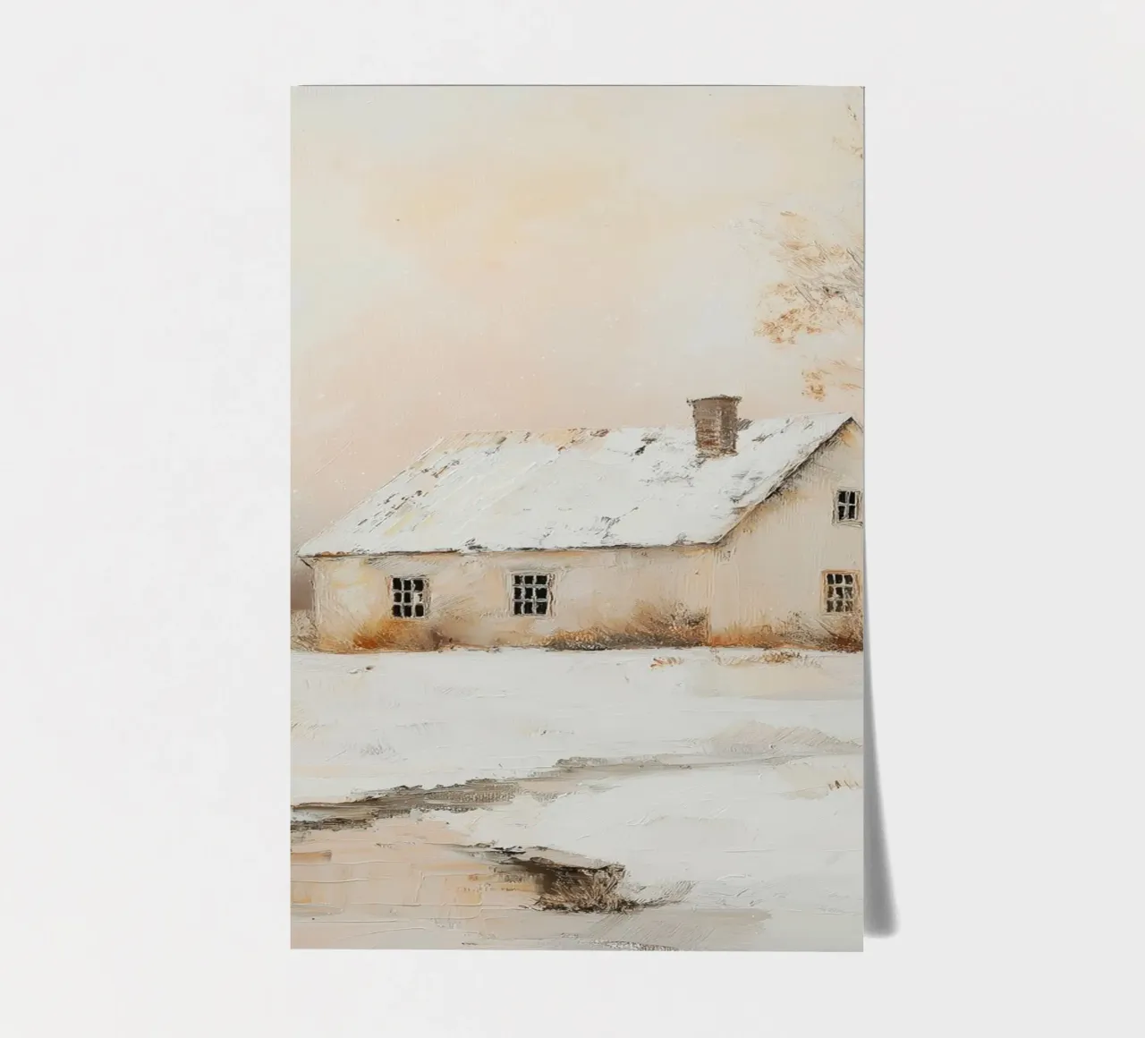 Casa coperta di neve in un paesaggio invernale foglio adesivo da Melloi Art Print