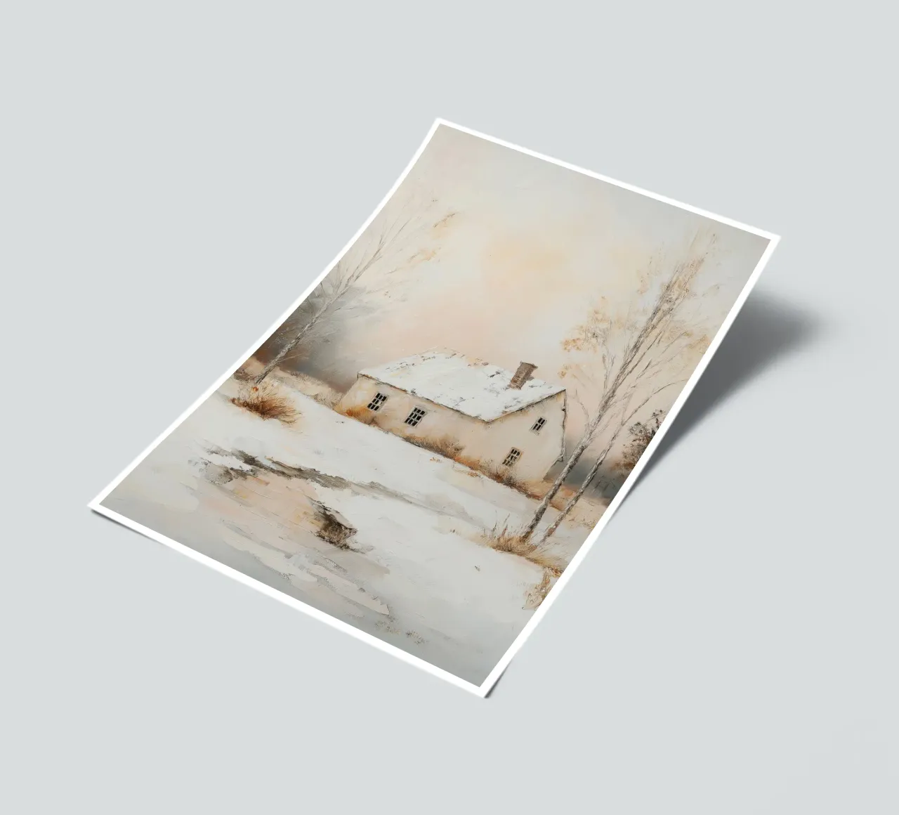 Casa coperta di neve in un paesaggio invernale foglio adesivo da Melloi Art Print