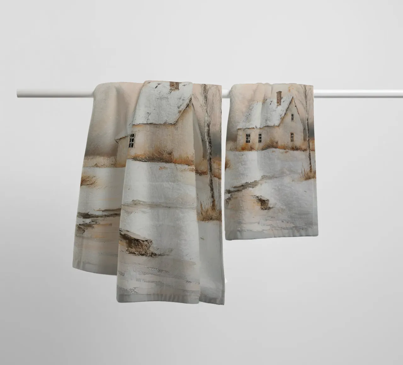 Casa coperta di neve in un paesaggio invernale asciugamano da bagno da Melloi Art Print