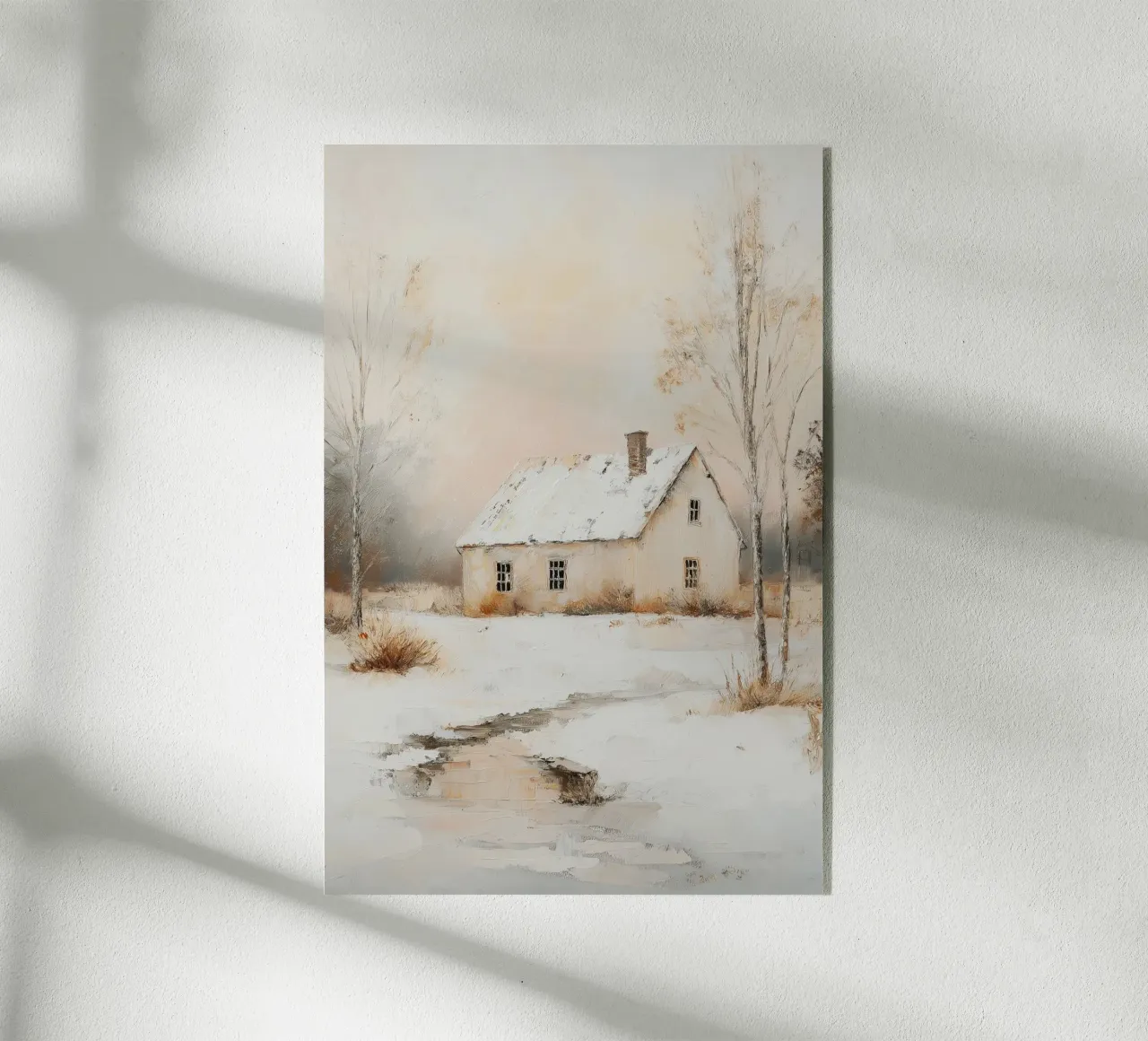 Casa coperta di neve in un paesaggio invernale plexiglass da Melloi Art Print