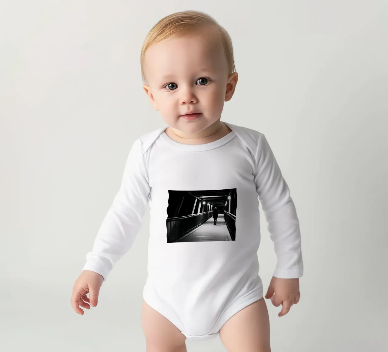 Alone in the dark long-sleeve baby romper by Black & White