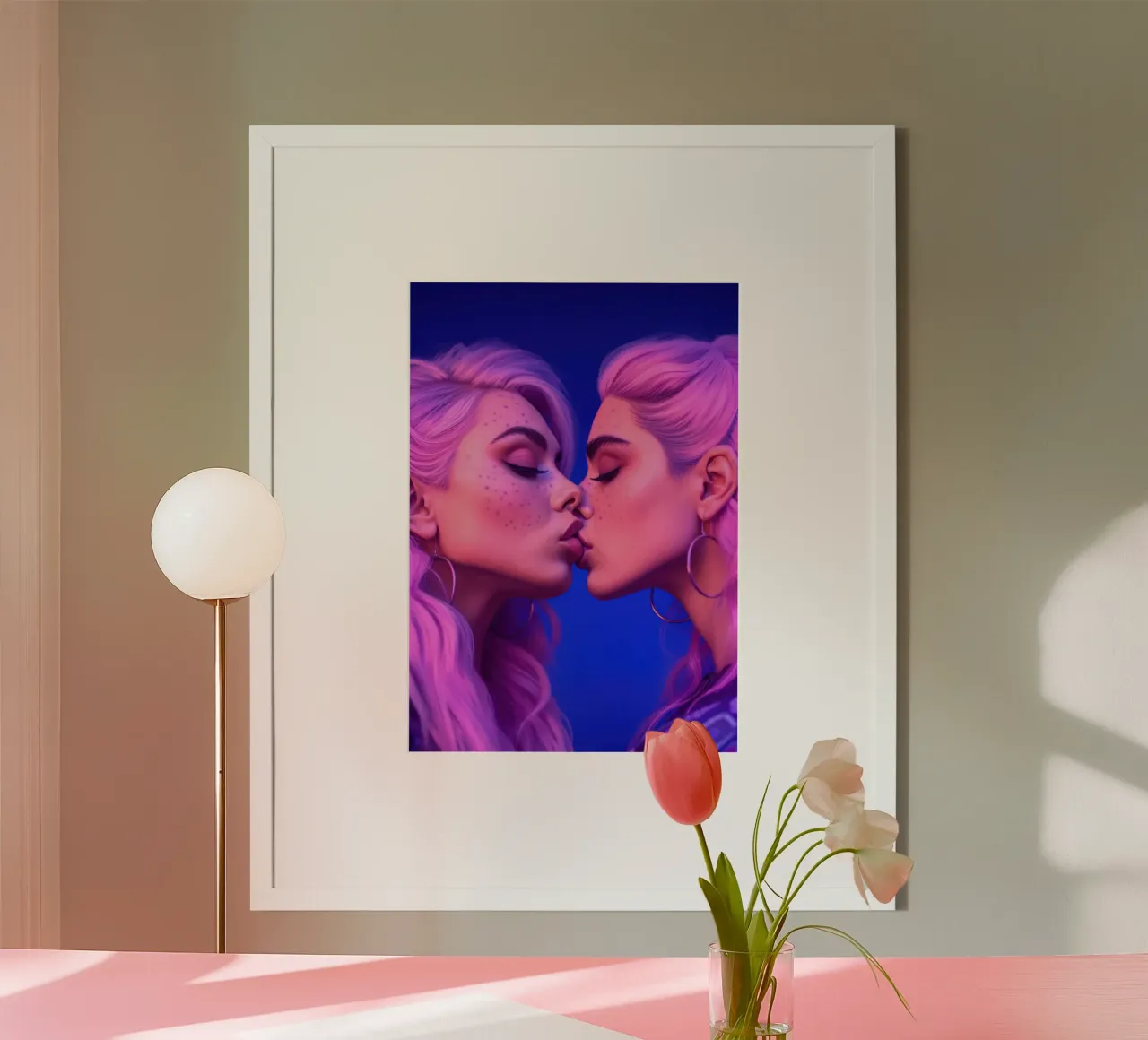Kawaii Girls Kiss Poster mit Kunststoffrahmen von Lootprint