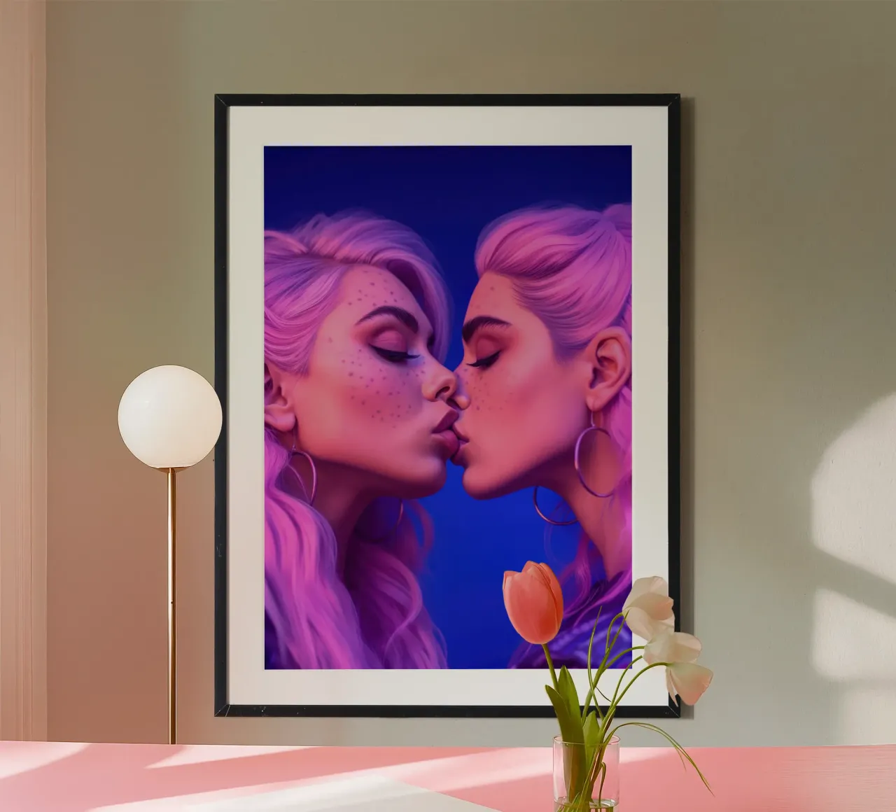 Kawaii Girls Kiss Poster mit Kunststoffrahmen von Lootprint