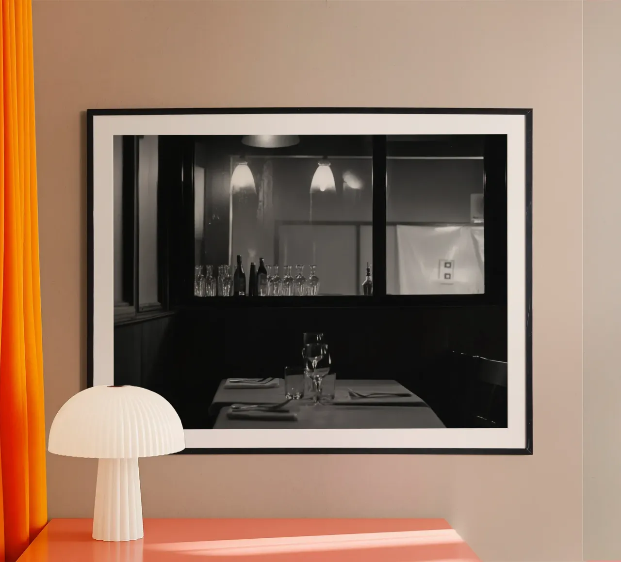 Elegant black and white restaurant poster with wooden frame by Black & White