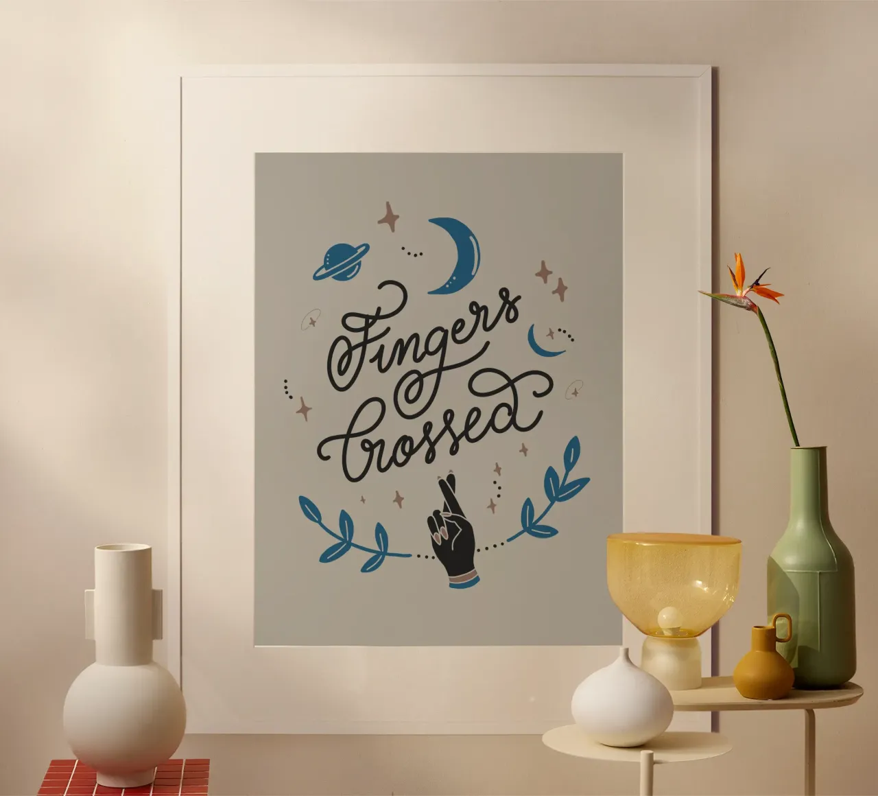 Fingers Crossed poster con telaio in legno da anisillustration