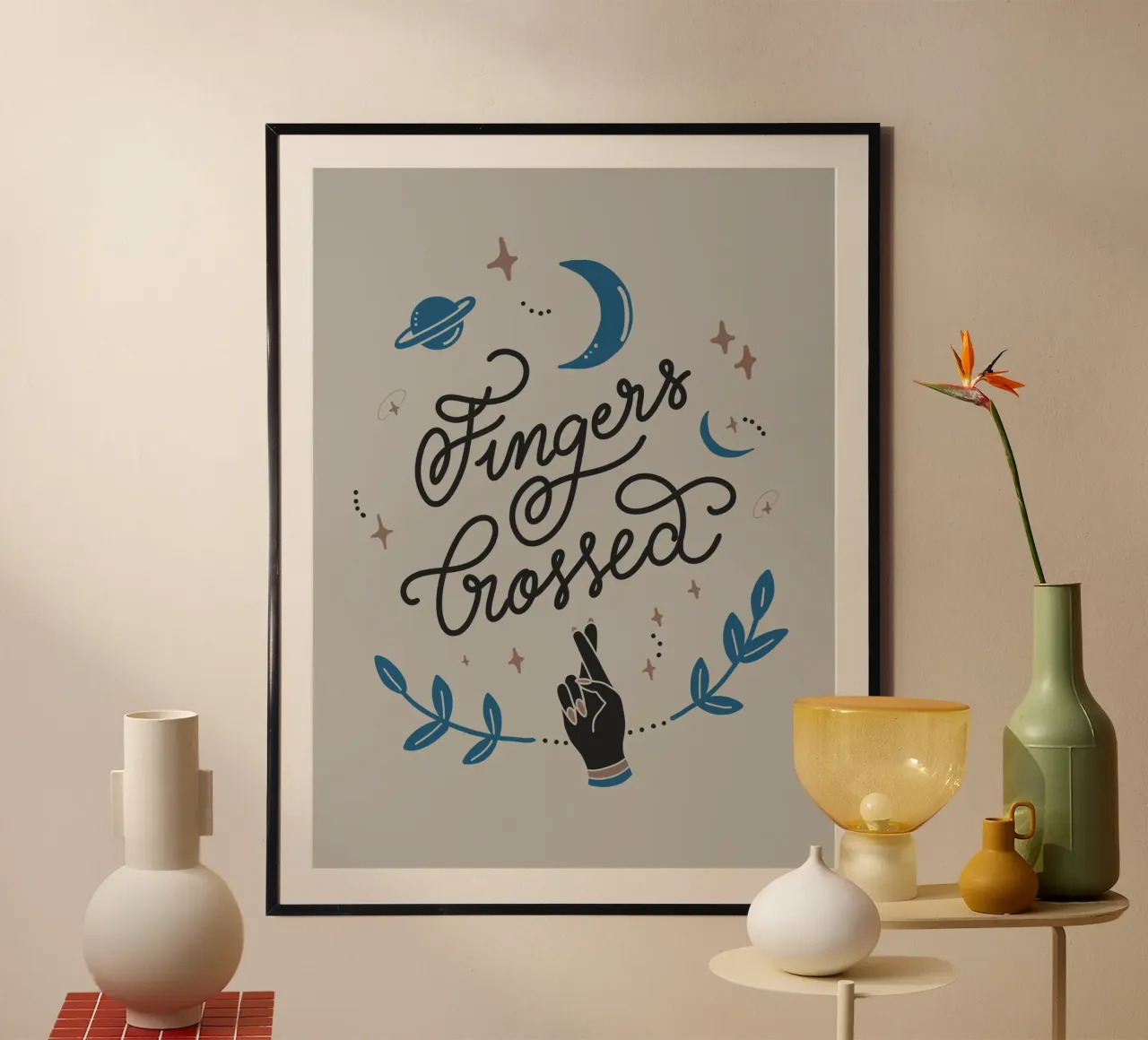 Fingers Crossed poster con telaio in legno da anisillustration
