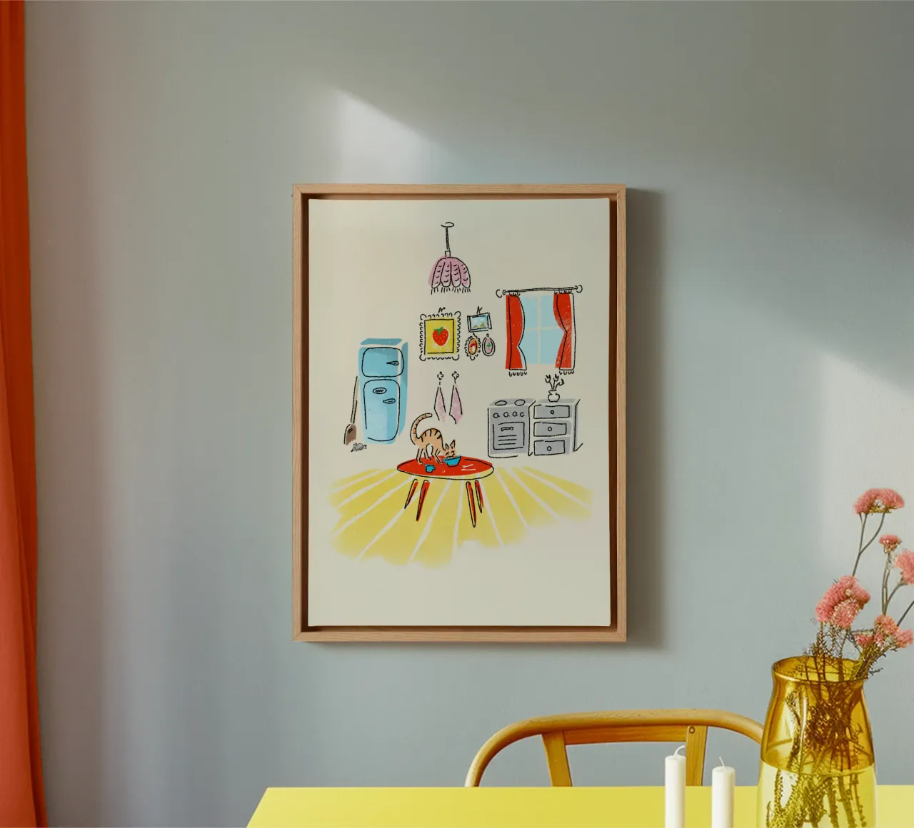 Gatto che ruba il cibo in cucina stile illustrazione anni '50 tela con Cornice a cassetta da DYDesign