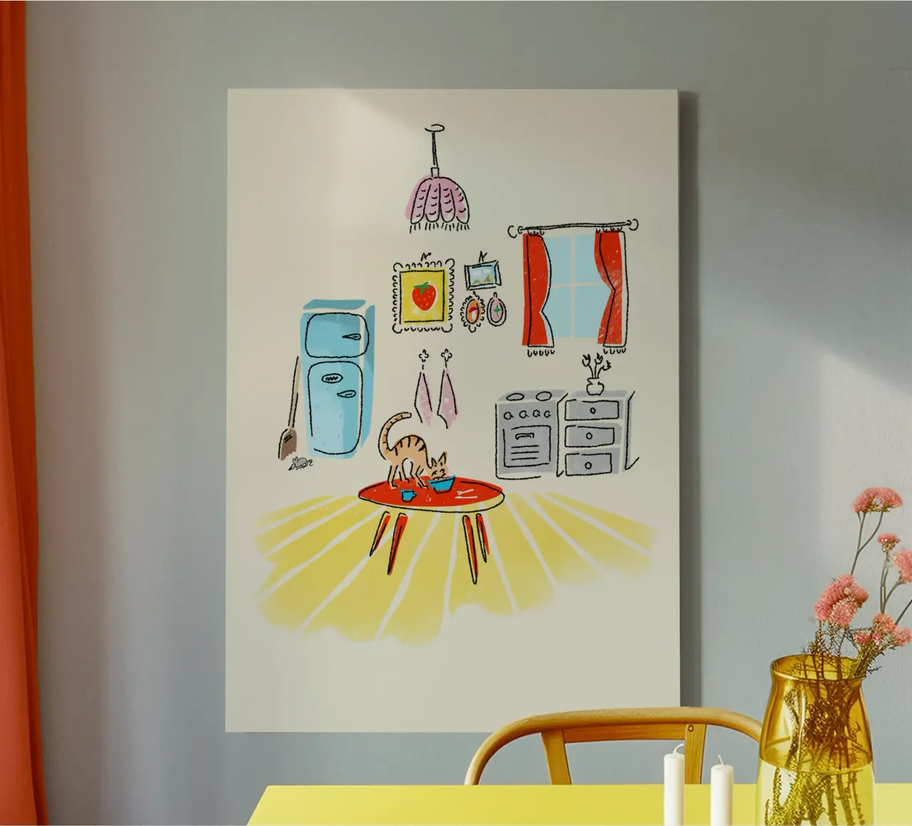 Gatto che ruba il cibo in cucina stile illustrazione anni '50 tela con Cornice a cassetta da DYDesign