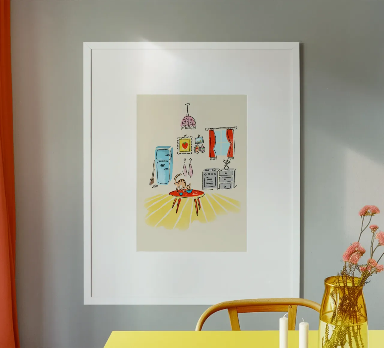 Katze klaut Essen in der Küche 50s Illustration style Poster mit Kunststoffrahmen von DYDesign