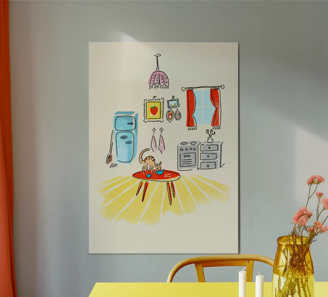 Katze klaut Essen in der Küche 50s Illustration style Poster mit Kunststoffrahmen von DYDesign