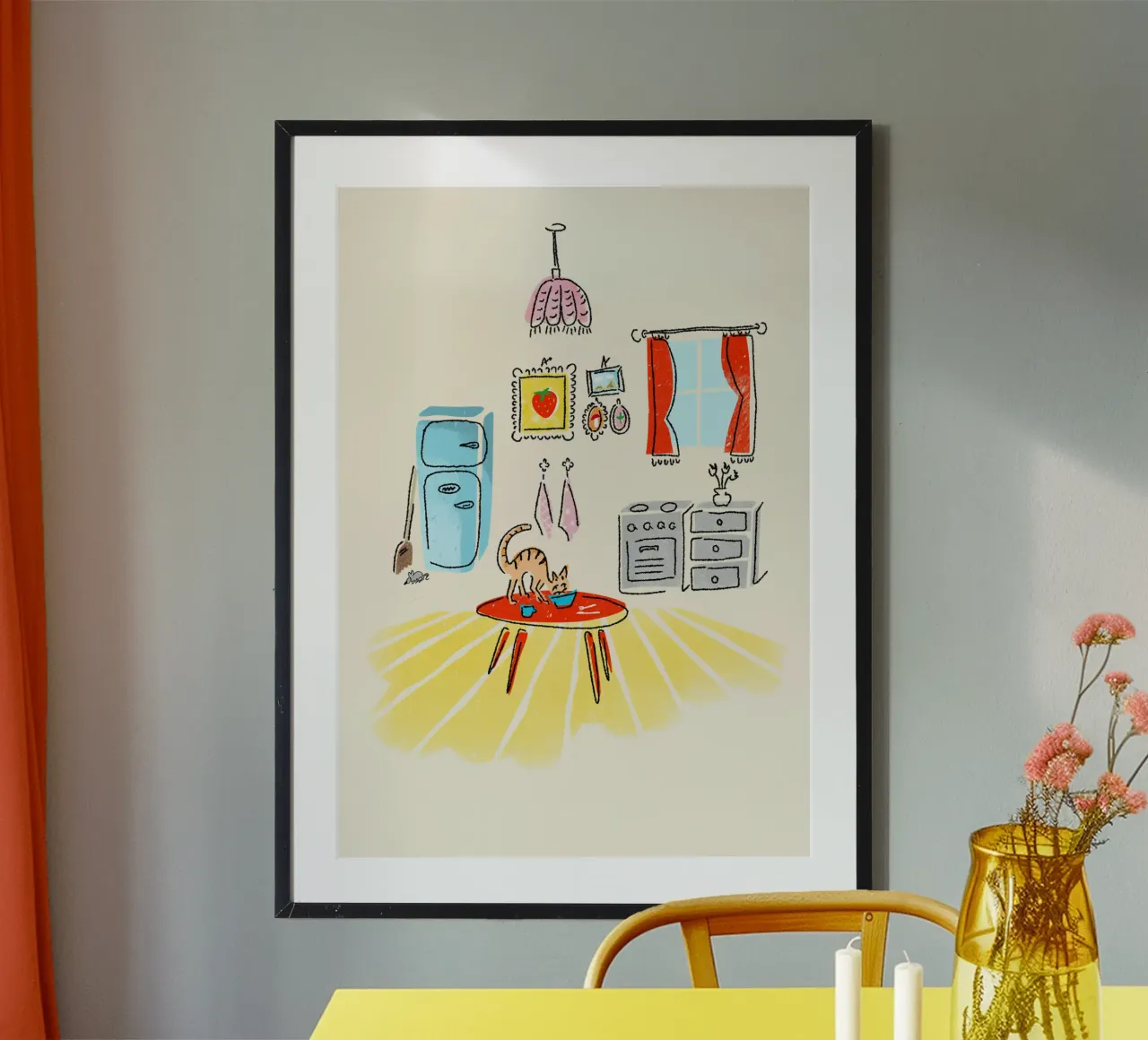 Katze klaut Essen in der Küche 50s Illustration style Poster mit Kunststoffrahmen von DYDesign