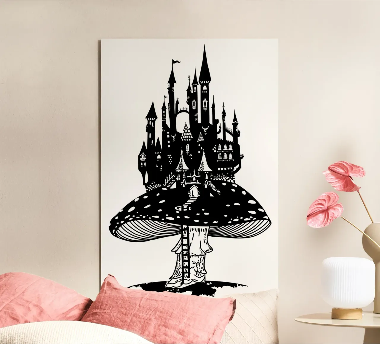 Fliegenpilz mit Schloss in Schwarz-Weiss Forex-Platte von DYDesign