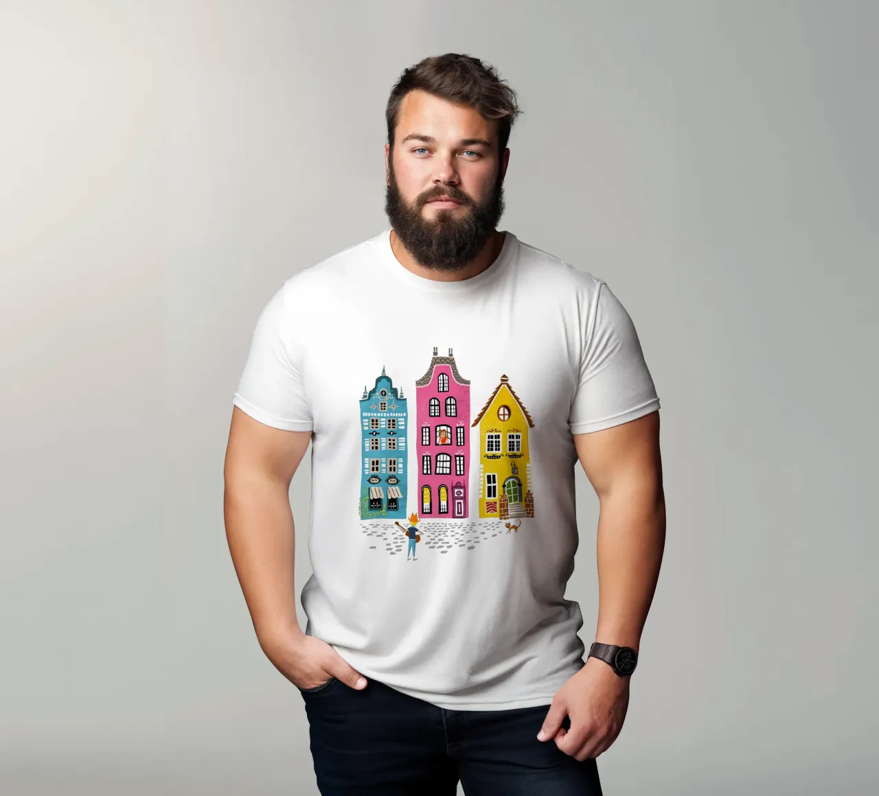 Illustrazione retrò musicista con chitarra in piedi davanti a una casa t-shirt da DYDesign