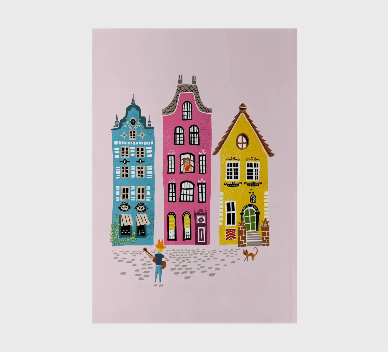Retro illustration musician with guitar standing in front of a house notebook by DYDesign