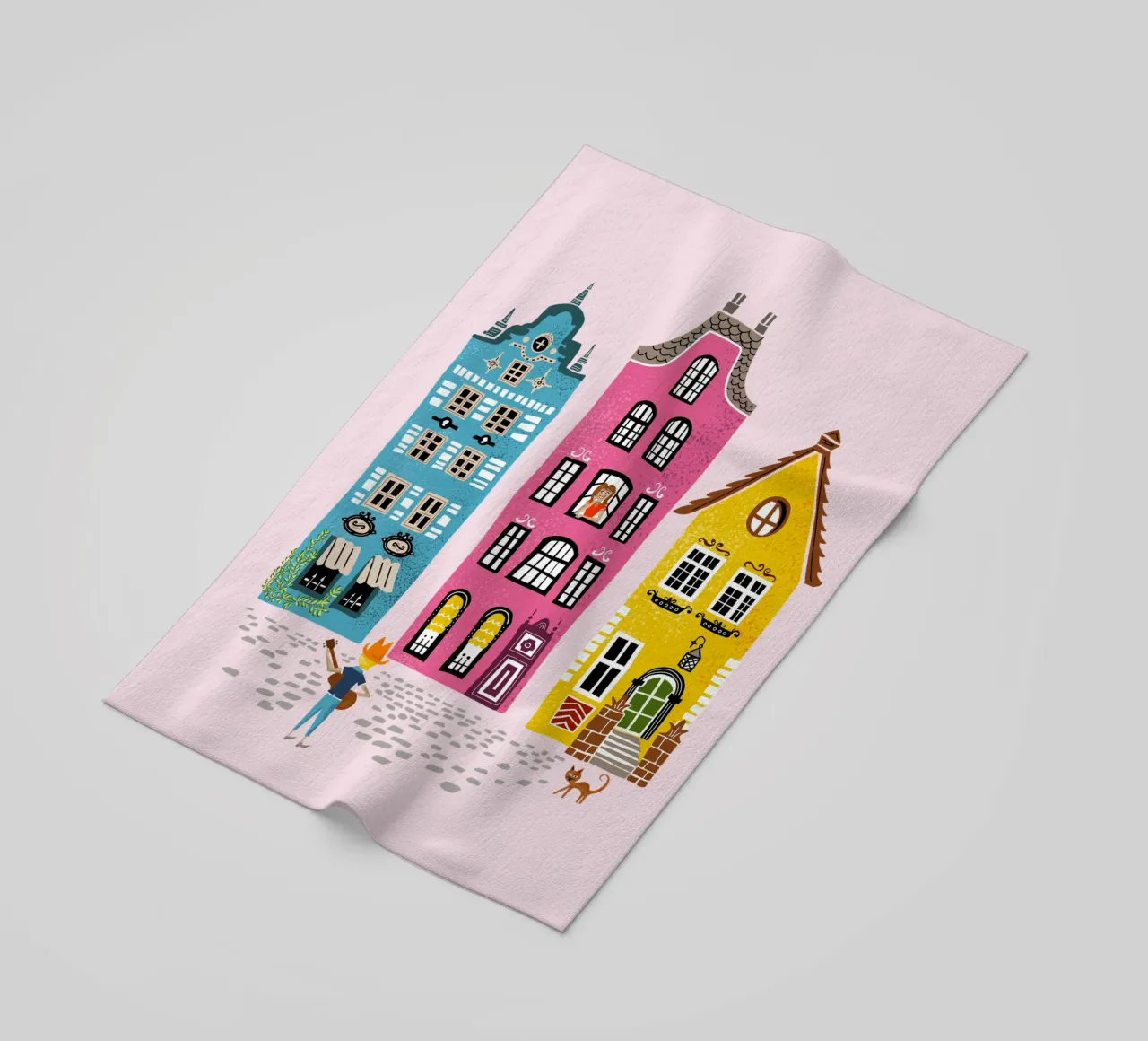 Illustrazione retrò musicista con chitarra in piedi davanti a una casa telo mare da DYDesign
