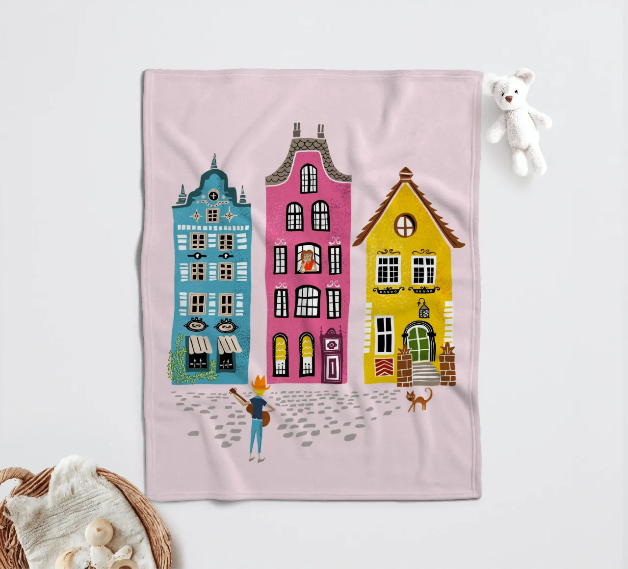 Retro illustration musician with guitar standing in front of a house fleece blanket by DYDesign
