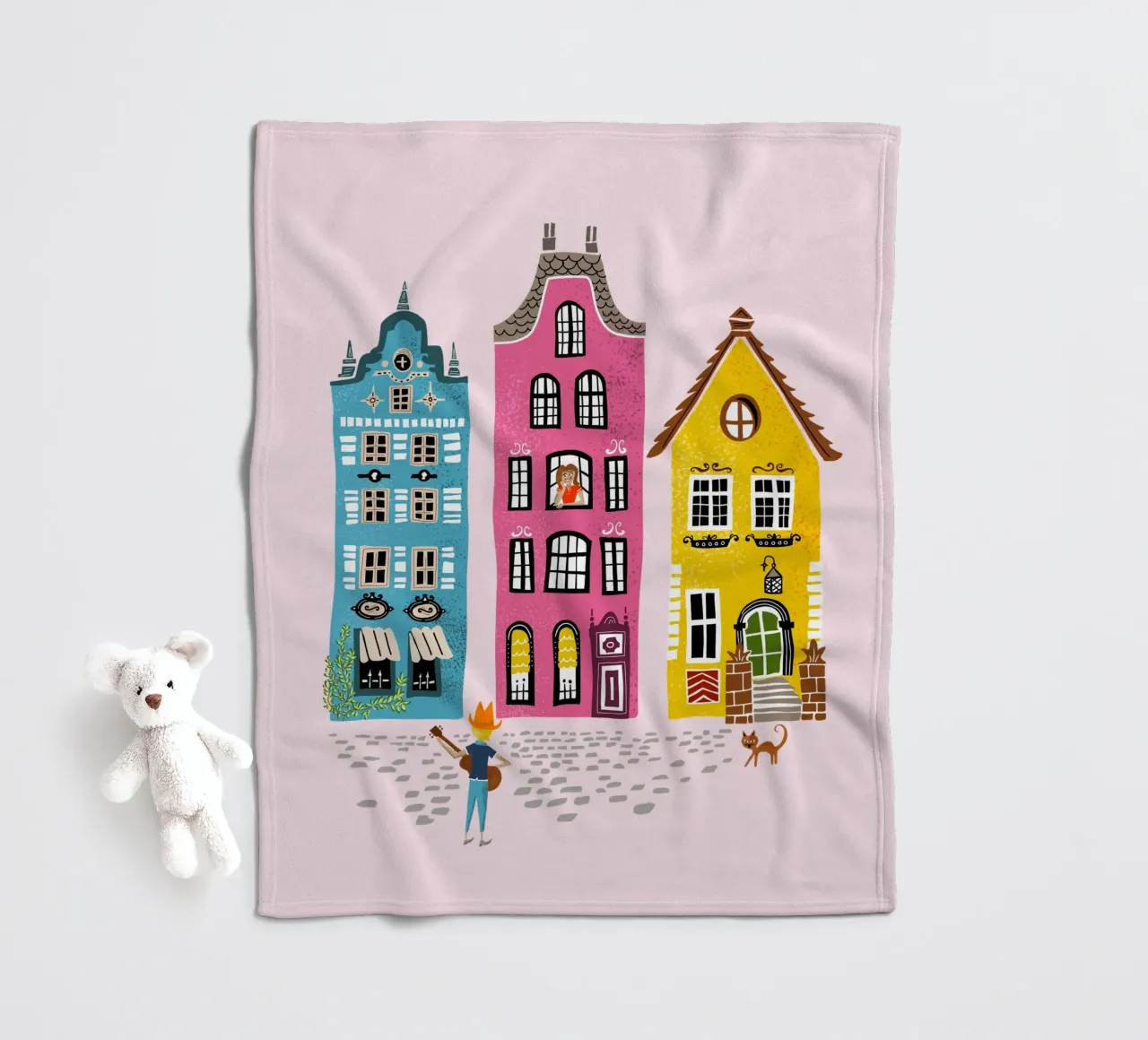 Retro illustration musician with guitar standing in front of a house fleece blanket by DYDesign