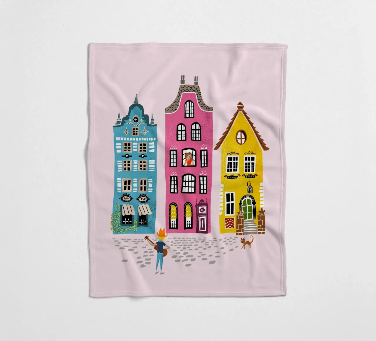 Retro illustration musician with guitar standing in front of a house fleece blanket by DYDesign